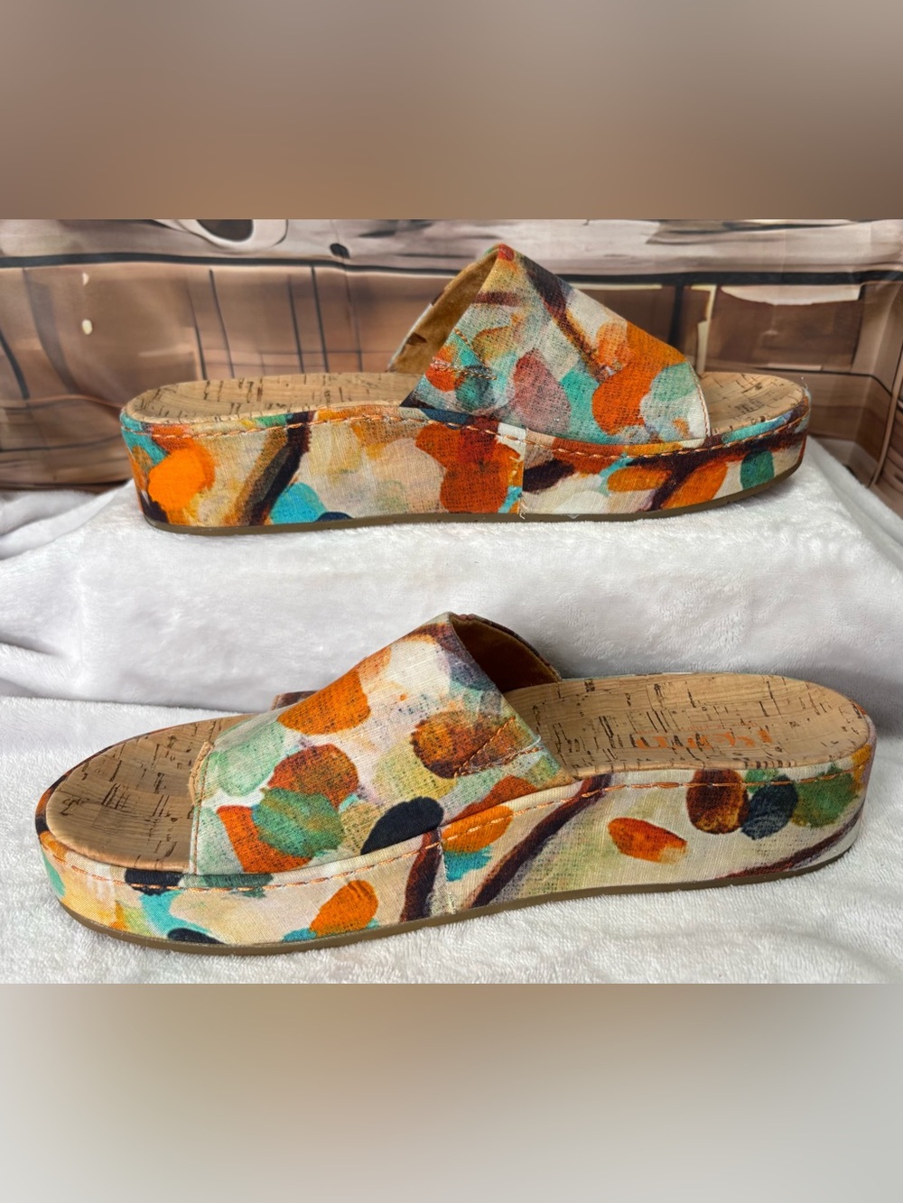 Born Sharr Multicolor Fabric Platform Slide Sandals Cork Wedge Women's Size 10 - Picture 2 of 16